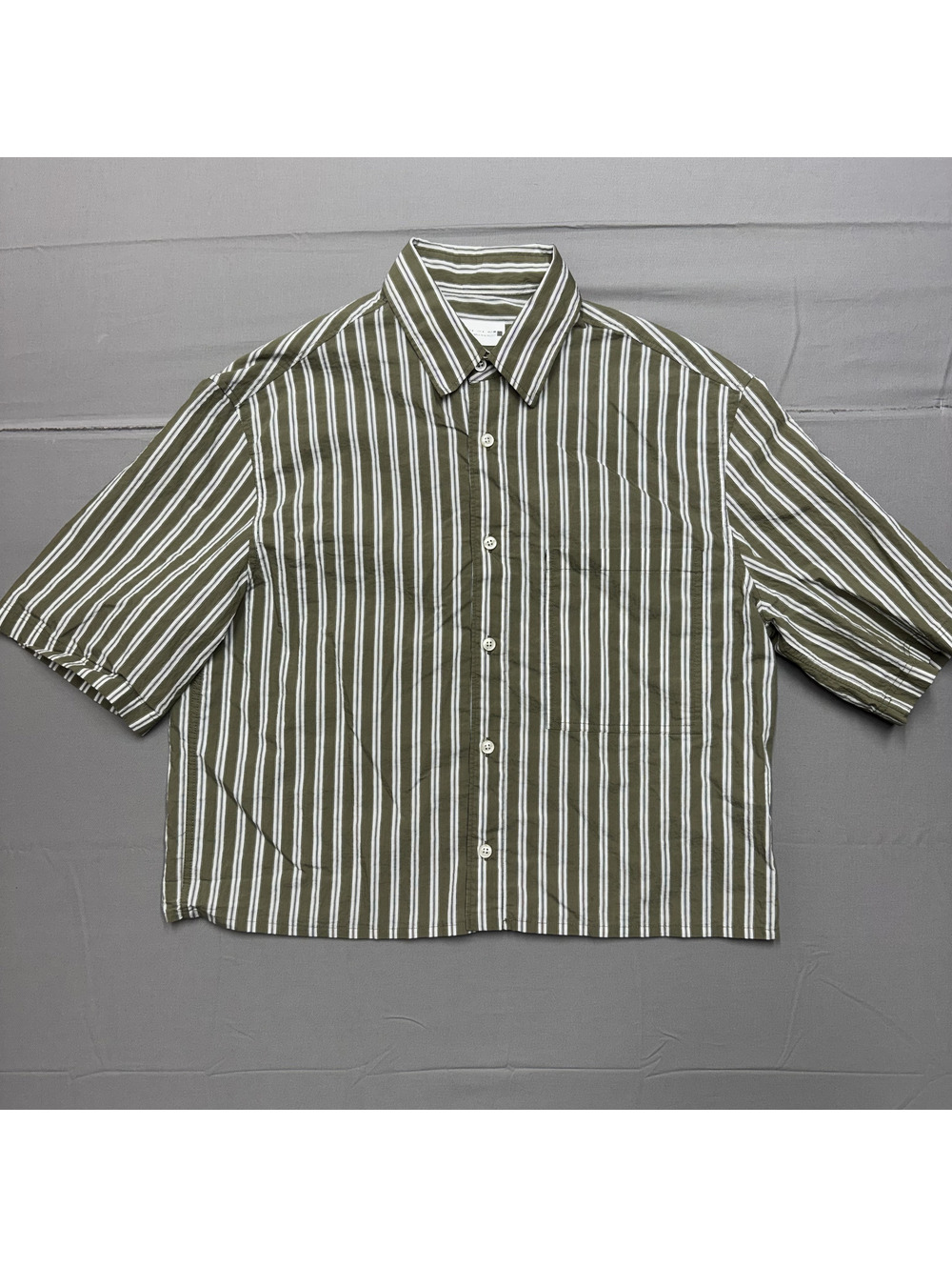 Zara Women Cropped Boxy Shirt Cotton Blend Striped S Olive Green Casual